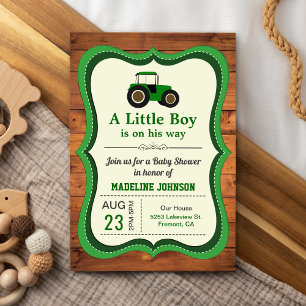 Invitación Ducha de bebé de tractor verde de madera rústica