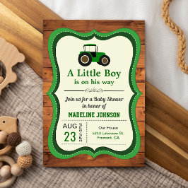 Invitación Ducha de bebé de tractor verde de madera rústica