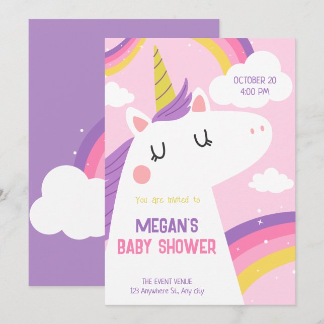 Invitación Ducha de bebé de Unicorn (Anverso / Reverso)