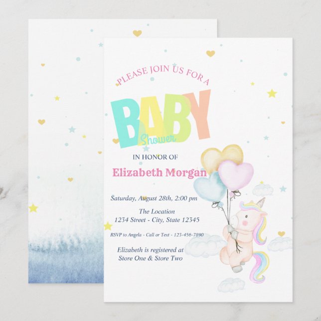Invitación Ducha de bebé de Unicornio,Globos,Estrellas (Anverso / Reverso)