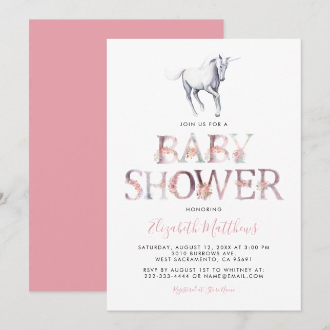 Invitación Ducha de Bebé de Unicornio Mágico | Niña Floral Ro (Anverso / Reverso)