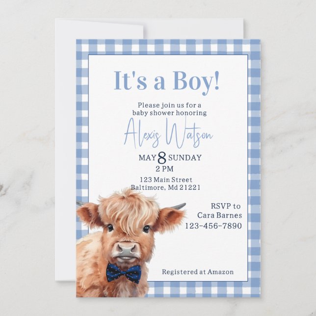 Invitación Ducha de bebé de vaca azul gingham Highland (Anverso)