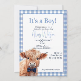 Invitación Ducha de bebé de vaca azul gingham Highland