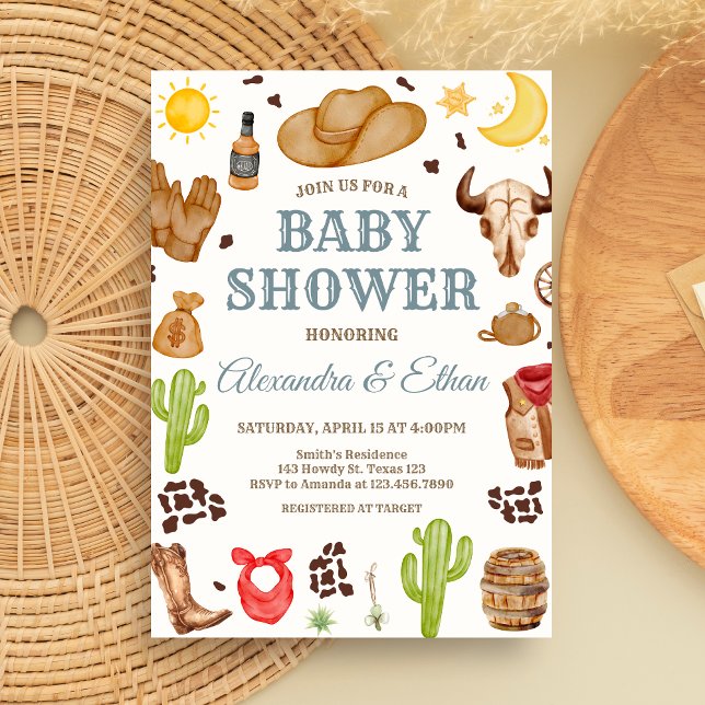 Invitación Ducha de bebé de vaquero del Salvaje Oeste (Cowboy Western Rodeo Ranch Baby Shower Invitation)