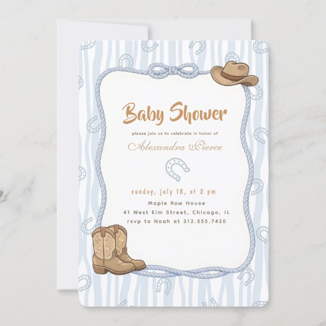 Invitación Ducha de bebé de vaquero occidental de gingham azu (Anverso)