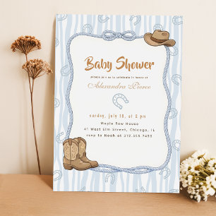 Invitación Ducha de bebé de vaquero occidental de gingham azu