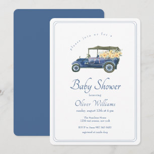 Invitación Ducha de bebé de vehículo clásico azul marino