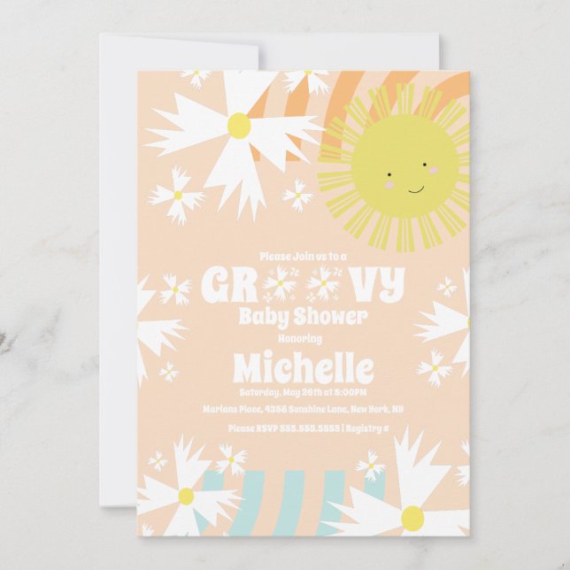 Invitación Ducha de bebé de verano Daisy Groovy Sol Arcoíris (Anverso)