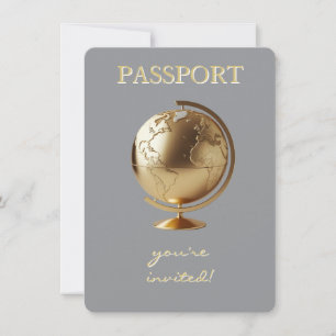 Invitación Ducha de bebé de viaje con pasaporte Globo de Oro