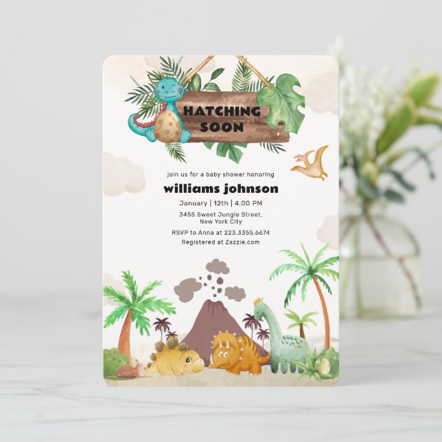 Invitación Ducha de Bebé de Volcán Tropical con Dinosaurio Ec (Anverso de pie)