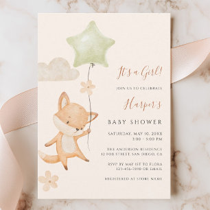 Invitación Ducha de bebé de zorro lindo con globo aerostático
