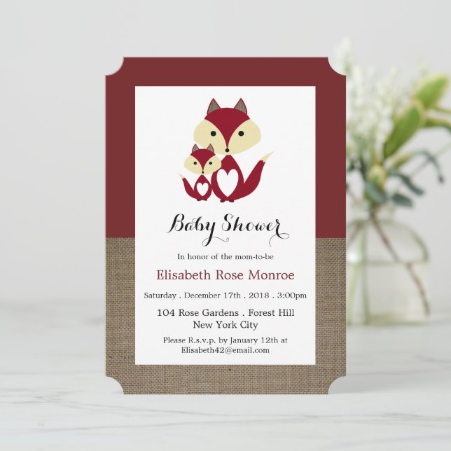 Invitación Ducha de bebé de Zorro Rojo de Arpillera (Anverso de pie)