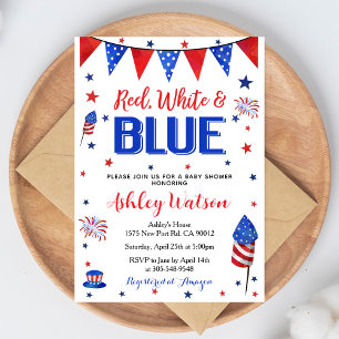 Invitación Ducha de Bebé del 4 de Julio Rojo Blanco Azul Fueg