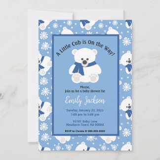 Invitación Ducha de bebé del adorable oso polar y copos de ni