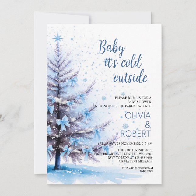 Invitación Ducha de bebé del árbol de Navidad azul (Anverso)
