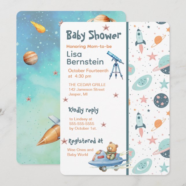 Invitación Ducha de Bebé del Astronauta de Peluche en el Espa (Anverso / Reverso)