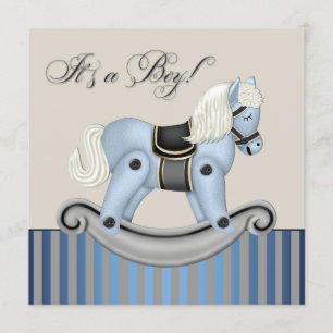 Invitación Ducha de Bebé del Caballo Mecedor Negro y Azul