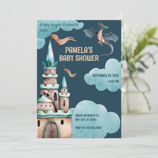 Invitación Ducha de bebé del castillo del Dragon Verde (Anverso de pie)