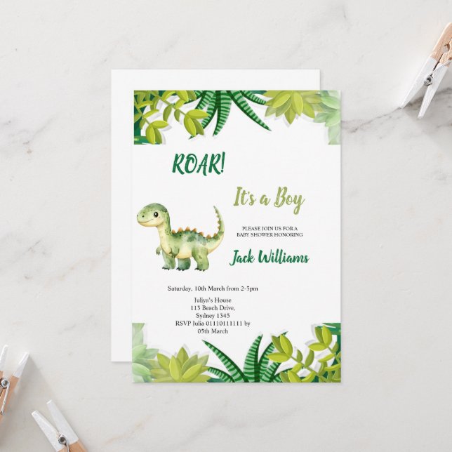 INVITACIÓN  DUCHA DE BEBÉ DEL DINOSAURIO VERDE  (Anverso/Reverso In Situ)