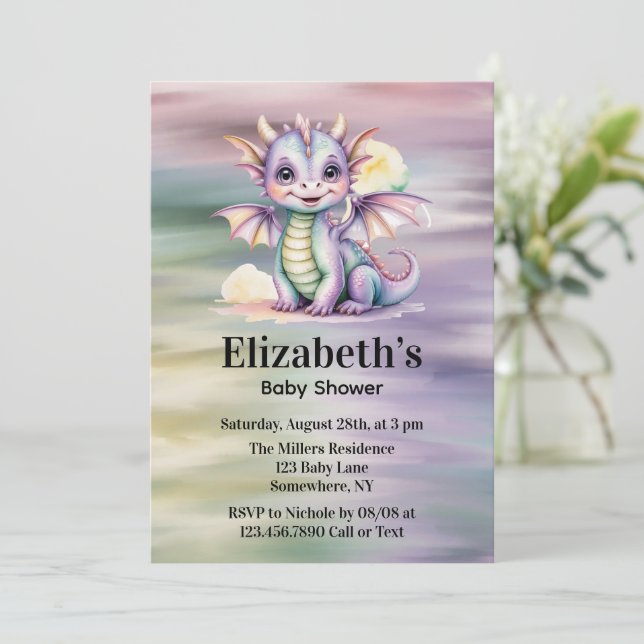 Invitación Ducha de Bebé del Dragón de Fantasía Pastel (Anverso de pie)