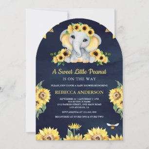 Invitación Ducha de bebé del elefante azul marino con girasol