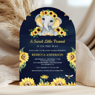 Invitación Ducha de bebé del elefante azul marino con girasol