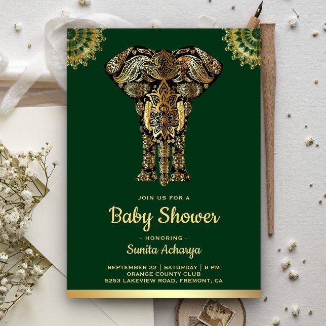 Invitación Ducha de bebé del elefante de oro verde indio (Subido por el creador)