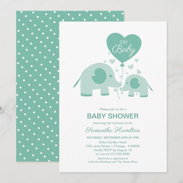 Invitación Ducha de Bebé del Elefante Verde Menta Adorable (Anverso / Reverso)