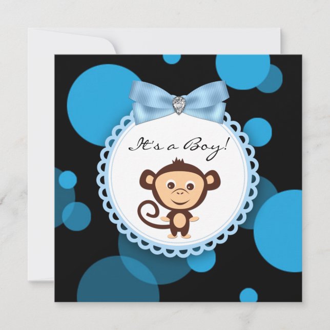 Invitación Ducha de Bebé del Feliz Mono Azul (Anverso)