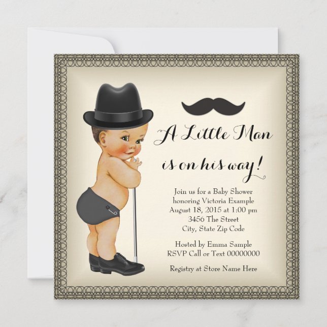 Invitación Ducha de bebé del hombrecito con bigote (Anverso)