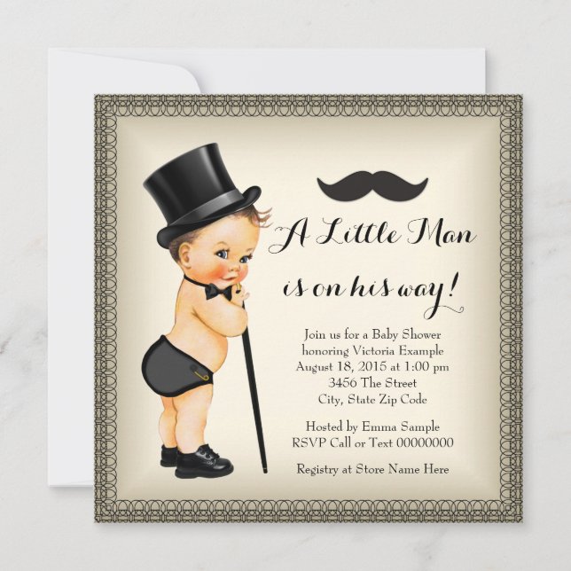 Invitación Ducha de bebé del hombrecito con bigote (Anverso)