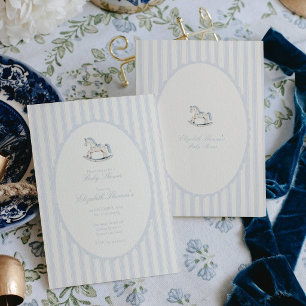 Invitación Ducha de bebé del niño azul caballo de madera vint