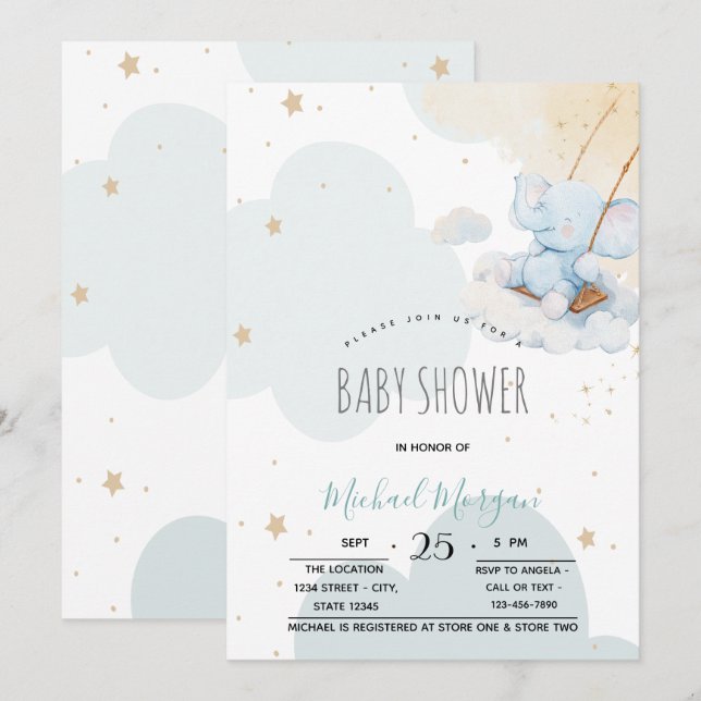 Invitación Ducha de bebé del osito de peluche azul estrellas  (Anverso / Reverso)