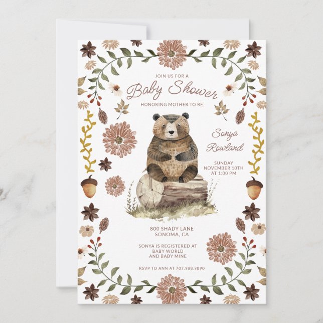 Invitación Ducha de Bebé del Oso Bosque Encantado (Anverso)