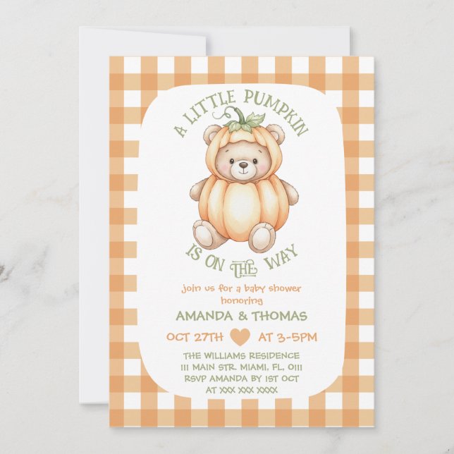 Invitación Ducha de Bebé del Oso de Calabaza (Anverso)