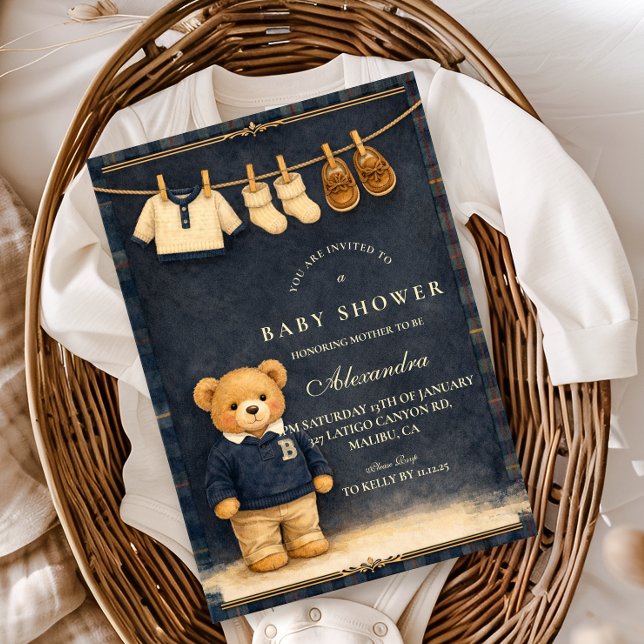 Invitación Ducha de Bebé del Oso de Peluche a Cuadros Preppy (Subido por el creador)