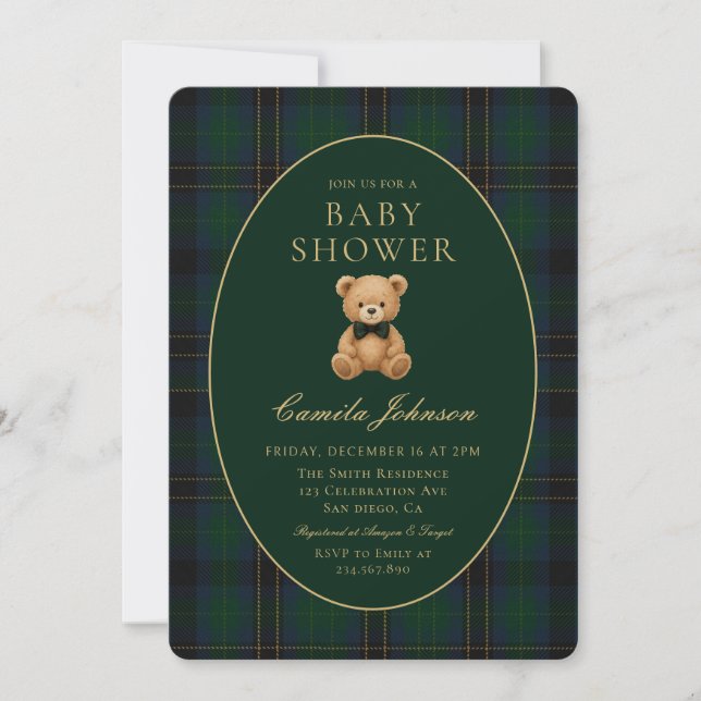 Invitación Ducha de Bebé del Oso de Peluche de Cuadros Verdes (Anverso)