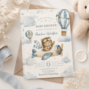 Invitación Ducha de bebé del oso de peluche del avión antiguo