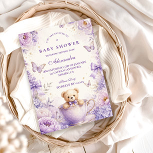 Invitación Ducha de Bebé del Oso de Peluche Morado Caprichoso