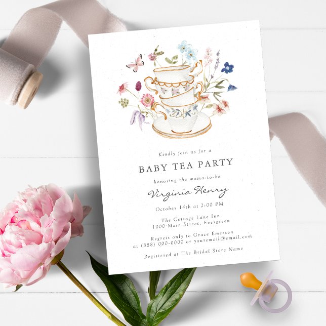 Invitación Ducha de bebé del Partido del Té (Beautiful Wildflower Baby Shower Tea Party Invitation by Painted Paperie)