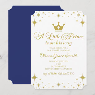 Invitación Ducha de Bebé del Pequeño Príncipe Azul Real Dorad