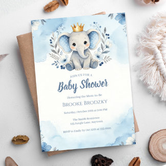 Invitación Ducha de bebé del pequeño príncipe elefante floral