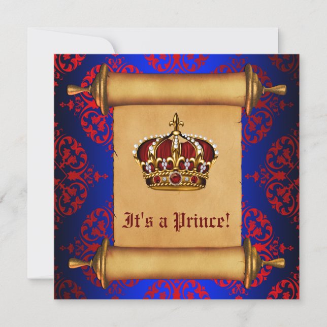 Invitación Ducha de bebé del Príncipe Azul y Rojo Real (Anverso)