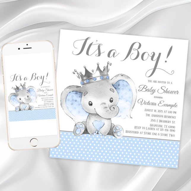 Invitación Ducha de bebé del Príncipe Elefante (Boy elephant baby shower invitation. Instant download and printed invitations are available.)