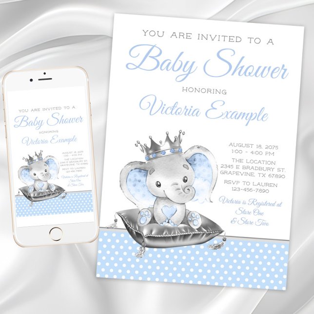 Invitación Ducha de bebé del príncipe elefante niño (Boy elephant prince baby shower invitation. Instant download and printed invitations available.)