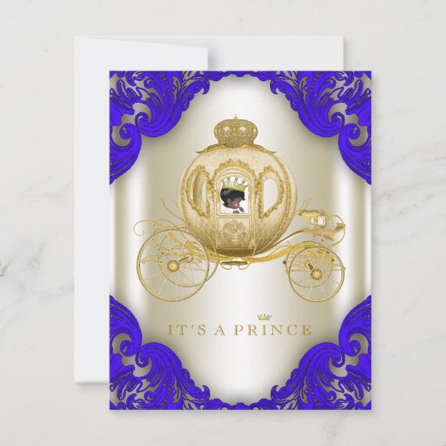Invitación Ducha de bebé del príncipe en azul real y dorado (Anverso)