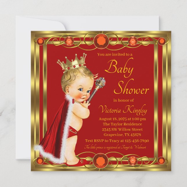 Invitación Ducha de bebé del Príncipe Joya de Oro Rojo (Anverso)
