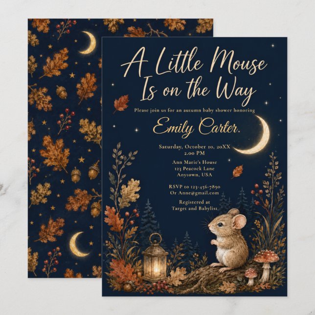 Invitación Ducha de Bebé del Ratón de Otoño (Anverso / Reverso)