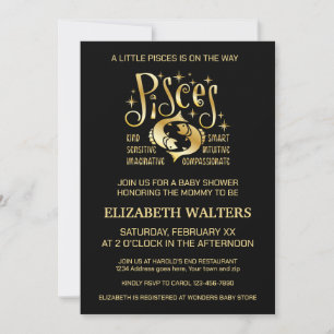 Invitación Ducha de bebé del zodiaco Piscis dorado y negro