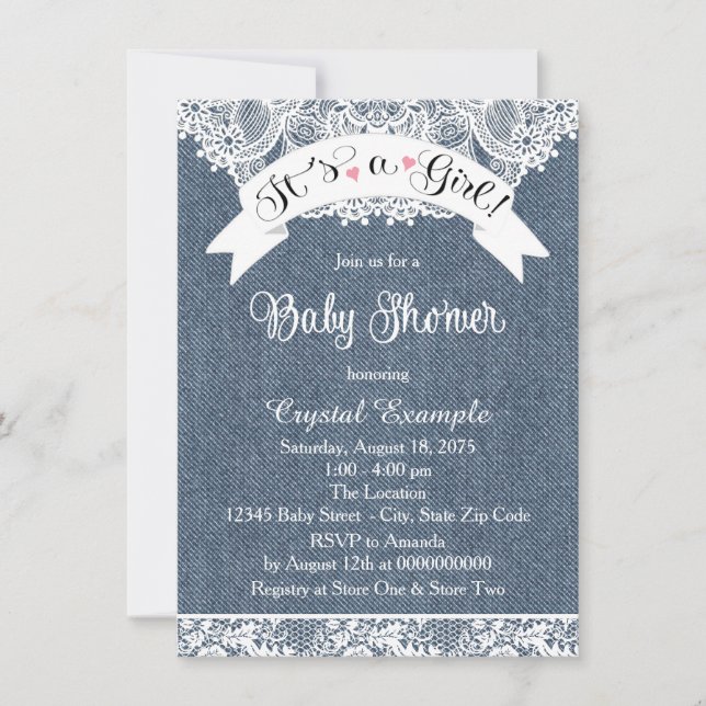 Invitación Ducha de Bebe Denim y Encaje (Anverso)